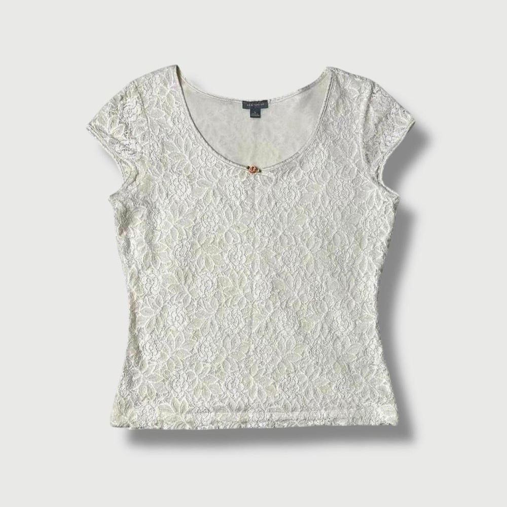 Ann Taylor 2000s Y2K Cream White Lace Short Sleeve Pink Ribbon Rosette Top S